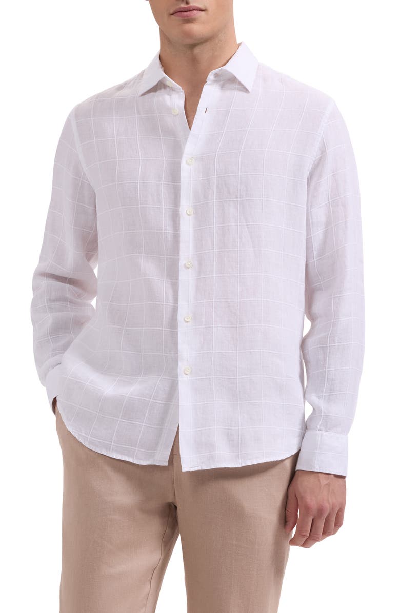 Bugatchi Julian Windowpane Linen Blend Button-Up Shirt, Main, color, White