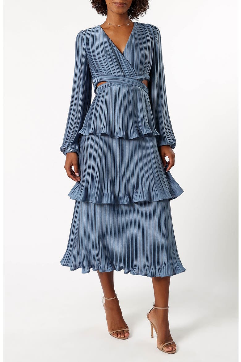 Pippa Side Cutout Long Sleeve Tiered Midi Dress, Main, color, BLUE