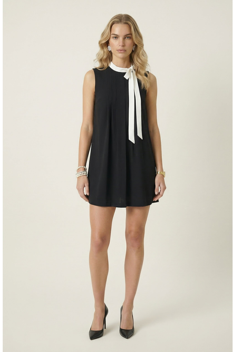 Sleeveless Shift Dress with Contrast Tie Neck and Pleat Detail, Main, color, Black / White