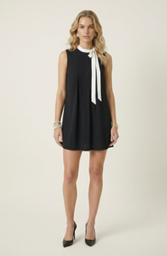 Modenaire Sleeveless Shift Dress with Contrast Tie Neck and Pleat Detail