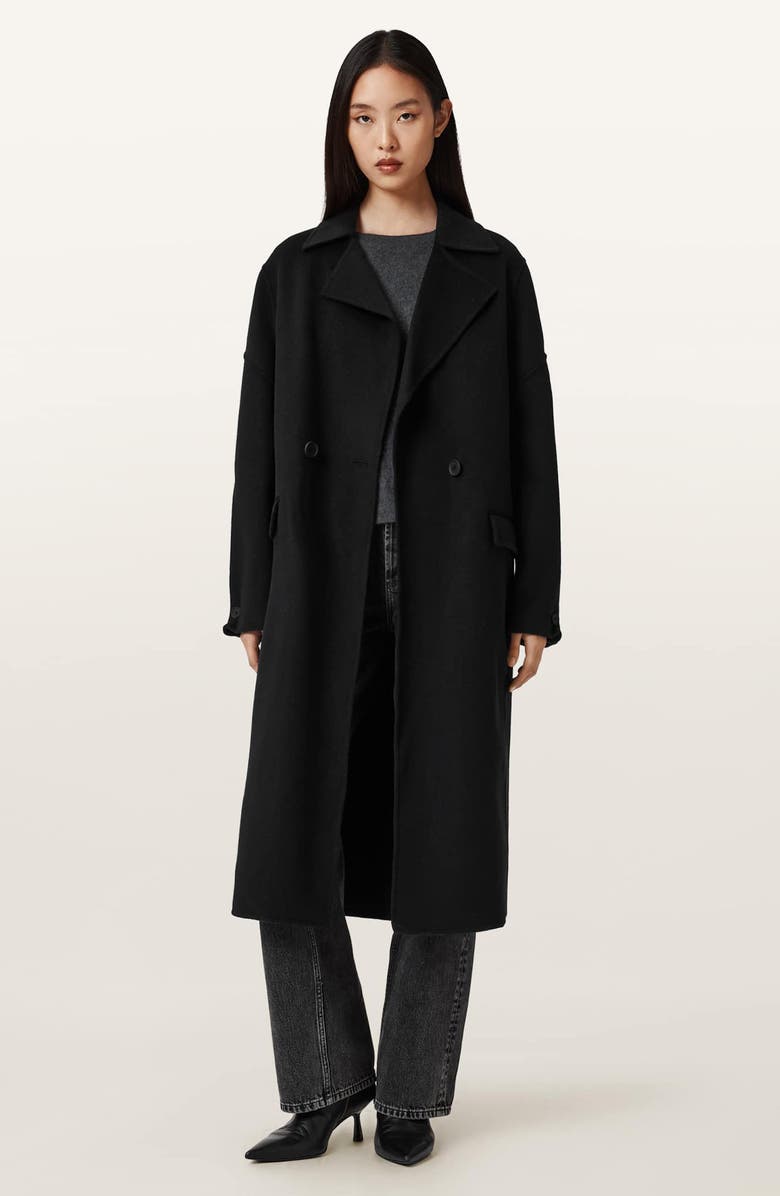 AllSaints Sellma Double Breasted Wool Blend Coat, Alternate, color, Black