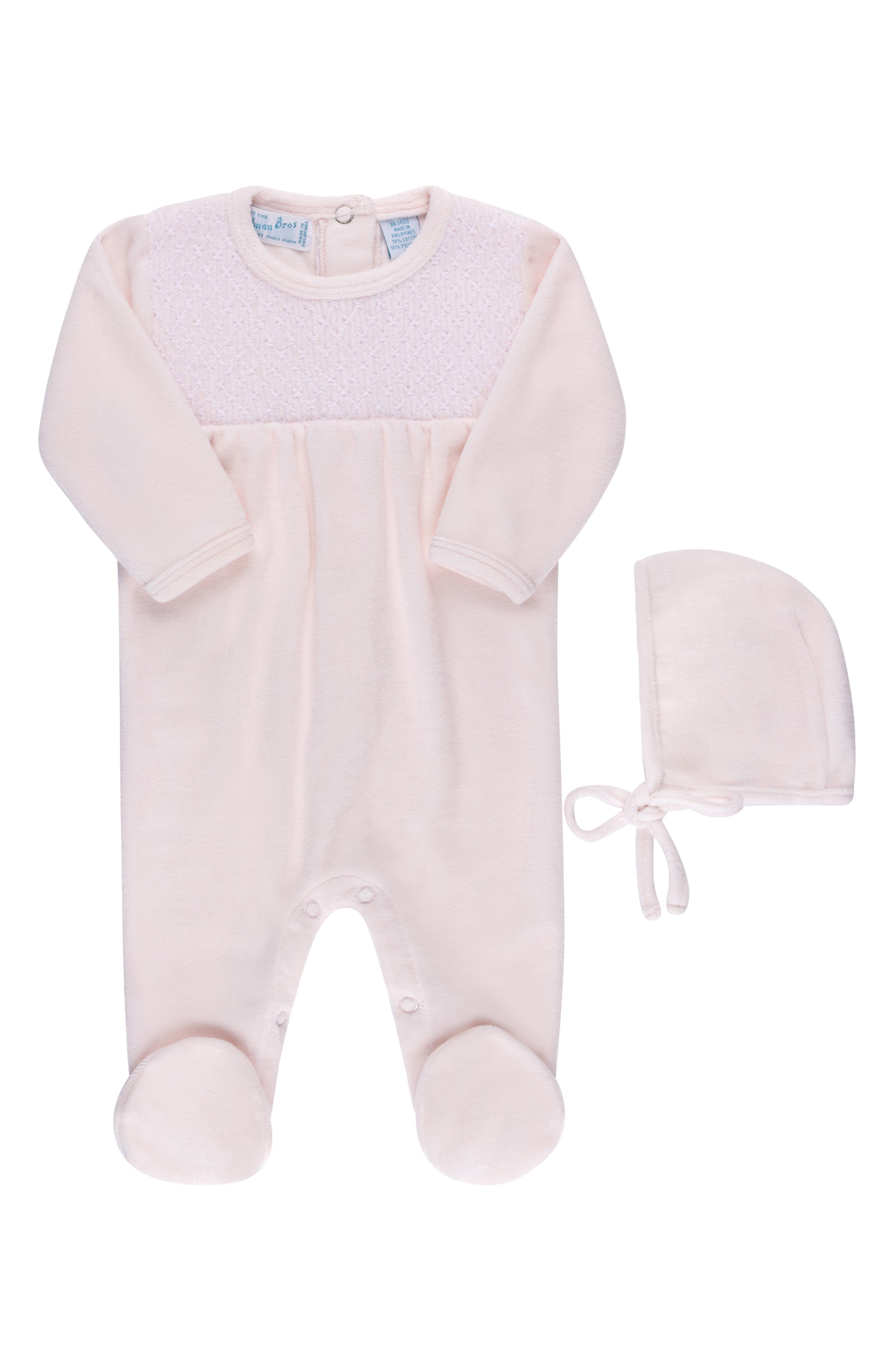 Feltman Brothers Smocked Yoke Cotton Velour Footie & Hat Set in Pink 