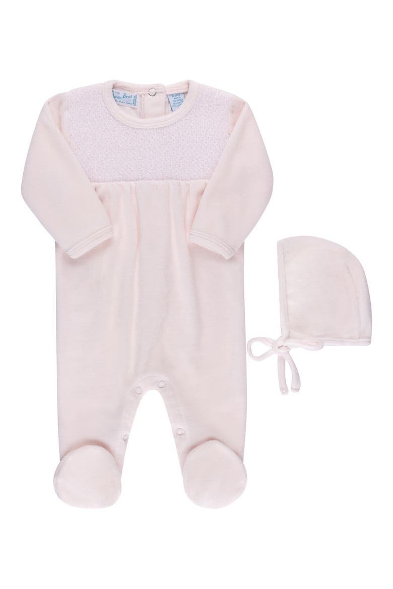 Smocked Yoke Cotton Velour Footie & Hat Set, Main, color, PINK