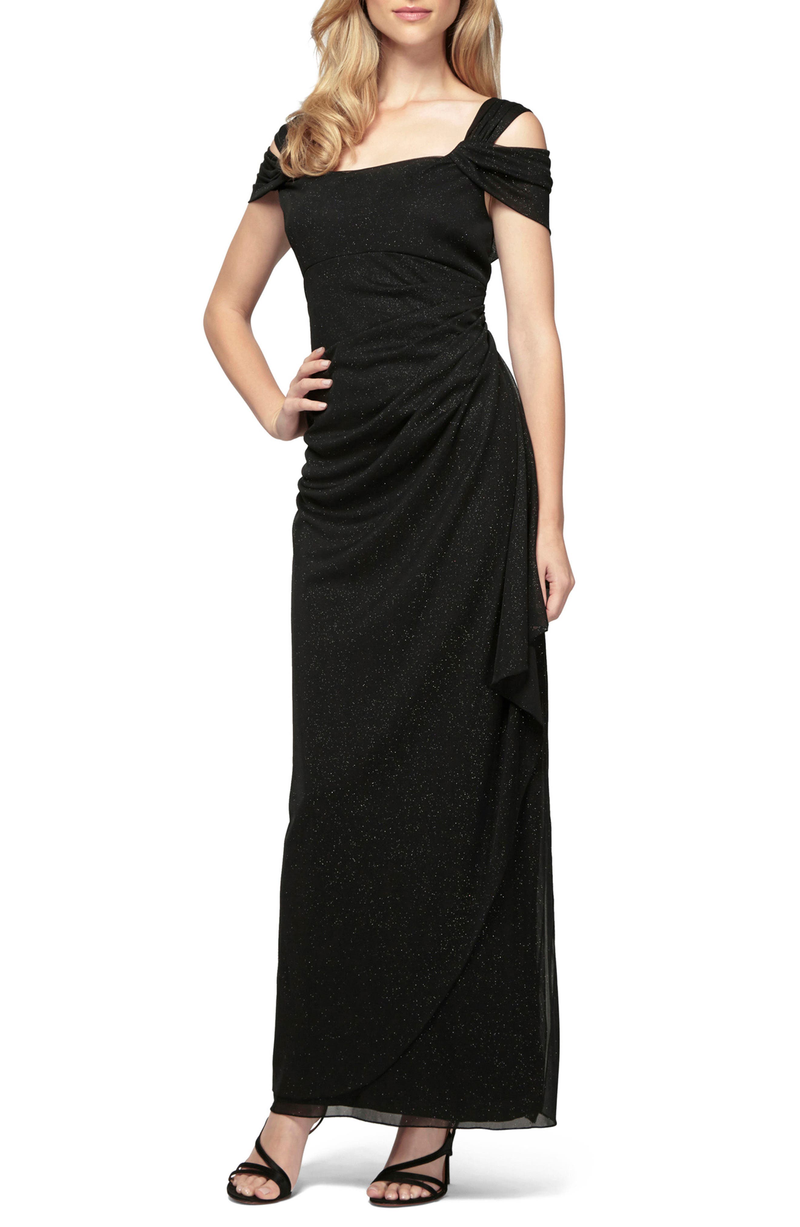 Cold Shoulder Ruffle Glitter Chiffon Gown