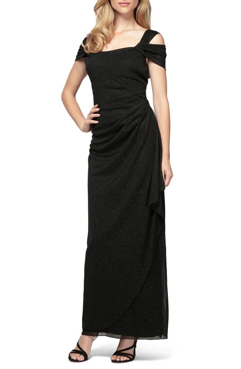 Cold Shoulder Ruffle Glitter Chiffon Gown