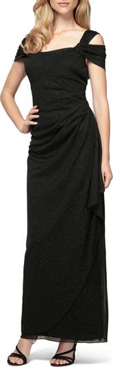 Cold Shoulder Ruffle Glitter Chiffon Gown