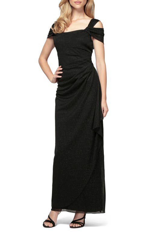Alex Evenings Cold Shoulder Ruffle Glitter Chiffon Gown in Black 