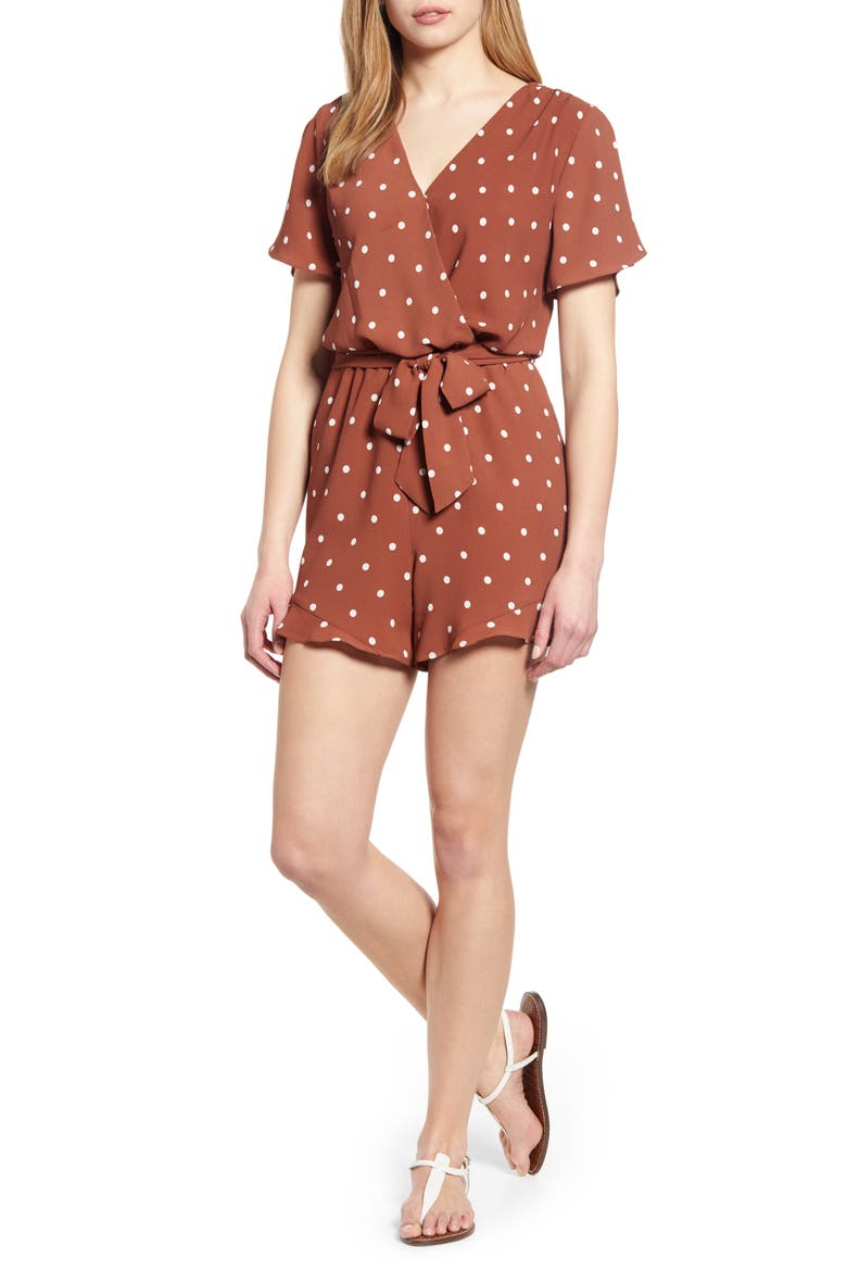 Gibson x Hi Sugarplum! Catalina Ruffle Hem Romper (Nordstrom Exclusive), Main, color, BROWN DOT