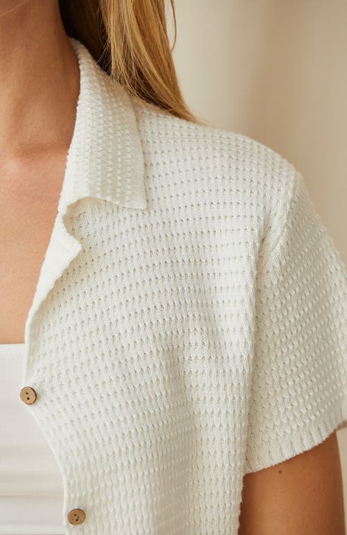 Crescent Cotton Waffle Knit Button-up Top In White