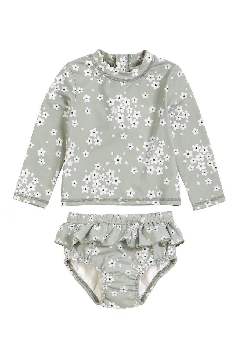 Flowers on Sage Two-Piece Rashguard Swimsuit, Main, color, 800 GREEN