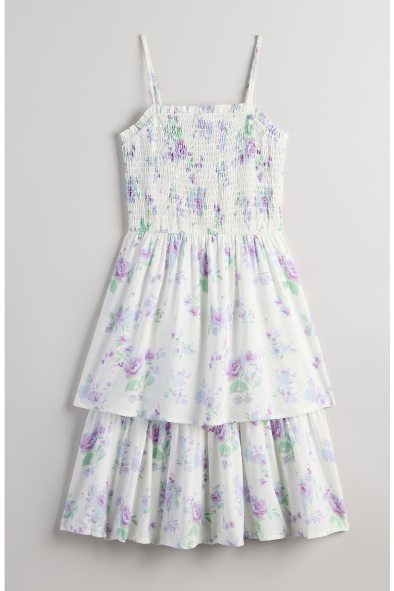 Kids' Floral Smocked Tiered Midi Dress, Main, color, IVORY EGRET BLUE BLOOMS