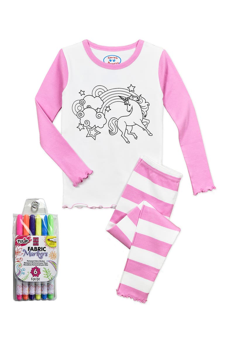 Sara's Prints Kids' Color Me Two-Piece Fitted Pajamas with 6-Piece Marker Set, Alternate, color, PINK