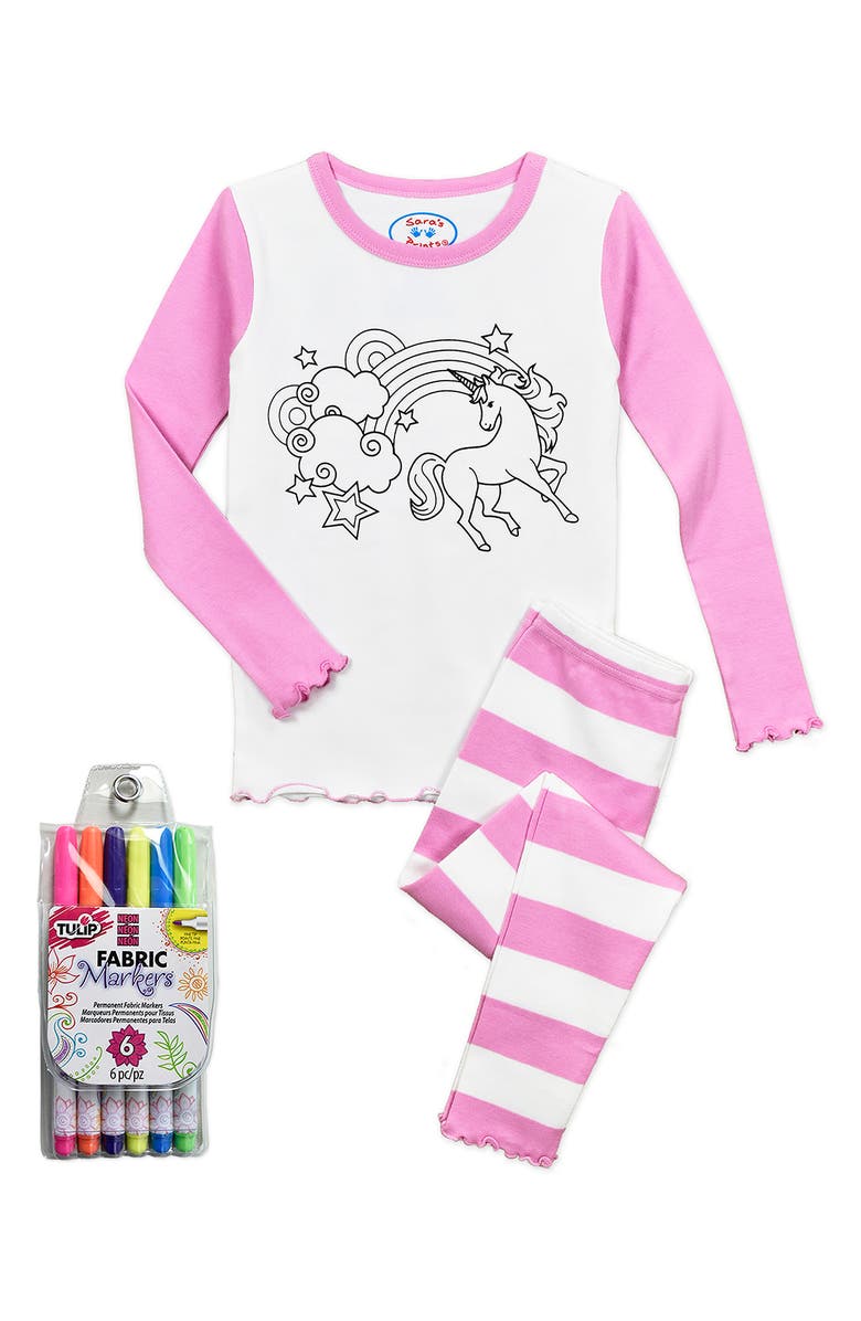 Sara’s Prints Sara's Prints Kids' Color Me Two-Piece Fitted Pajamas with 6-Piece Marker Set, Alternate, color, Pink