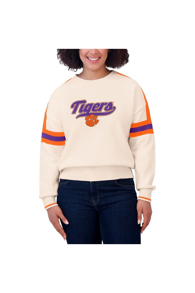 Women's WEAR by Erin Andrews  Cream Clemson Tigers Chenille Woven Patch Stripe Pullover Sweater, Alternate, color, Cream