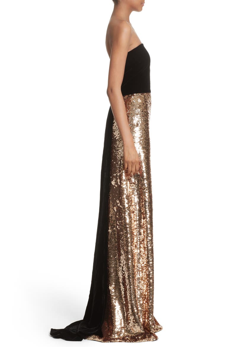 Strapless Velvet & Sequin Gown, Alternate, color, GOLD/ NOIR
