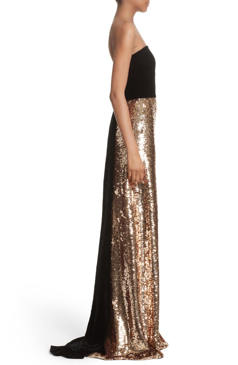 Monique Lhuillier Strapless Velvet & Sequin Gown, Alternate, color, 