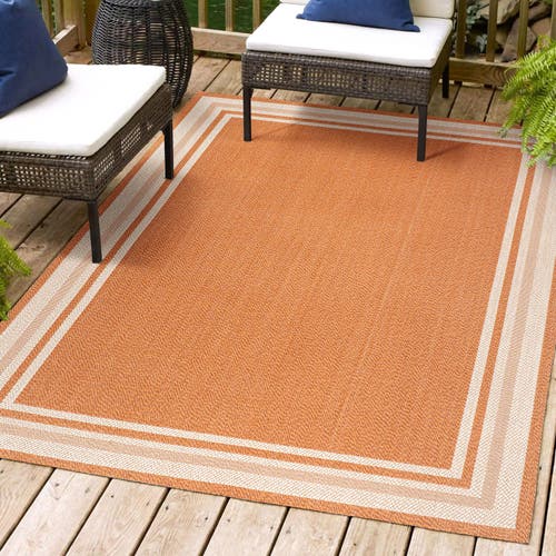 Jonathan Y James Modern Border Stripe Indoor/outdoor Area Rug In Orange/cream