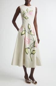 Oscar de la Renta Porcelain Flowers Stretch Cotton Poplin A-Line Dress