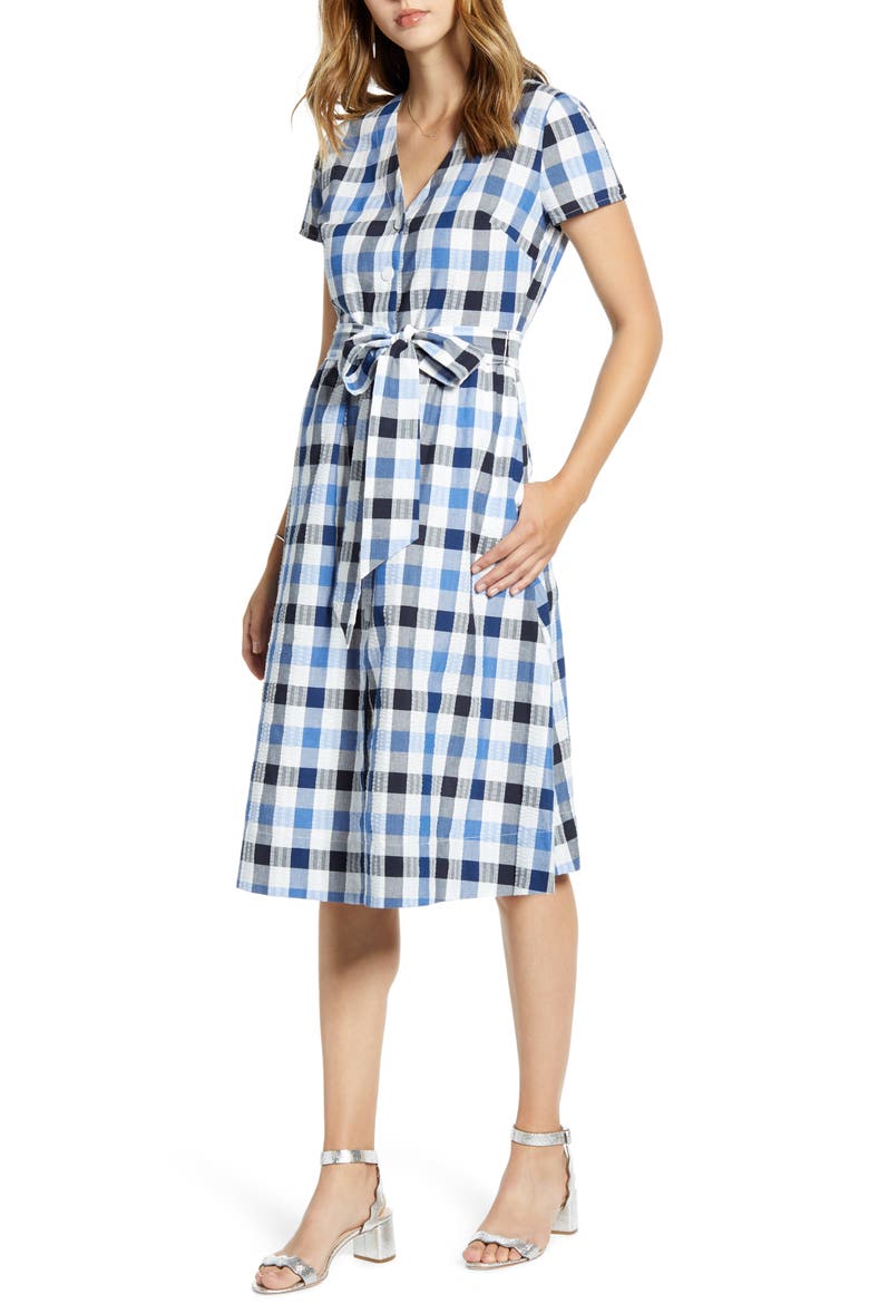 Check Tie Waist Short Sleeve Dress, Main, color, BLUE MULTI CHECK