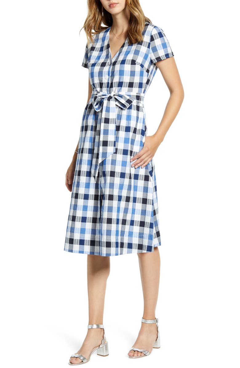 1901 Check Tie Waist Short Sleeve Dress, Main, color,