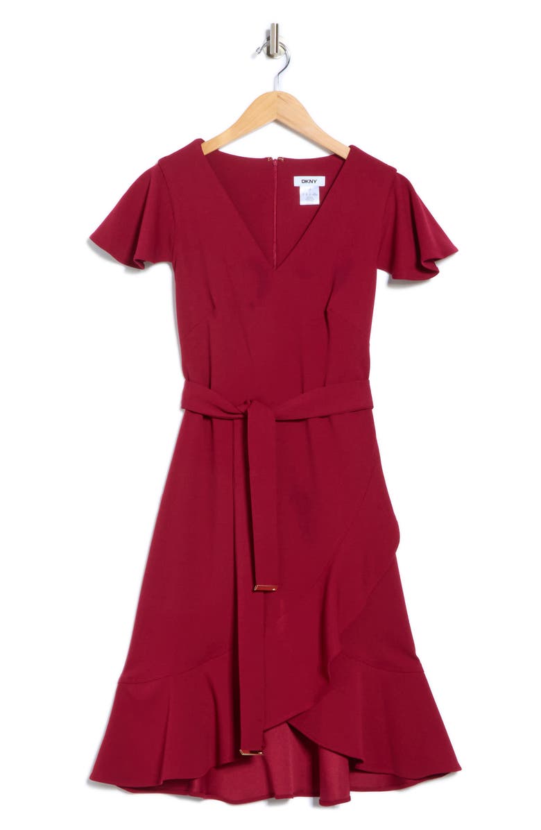 DKNY Short Sleeve Tulip Hem Fit & Flare Dress, Alternate, color, Oxblood