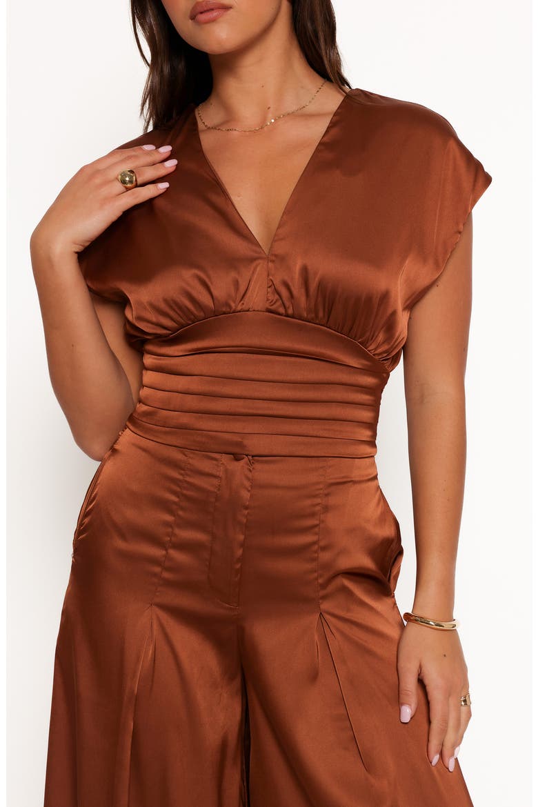 Cassie Satin Short Sleeve Top & Wide Leg Pants Set, Alternate, color, BRONZE