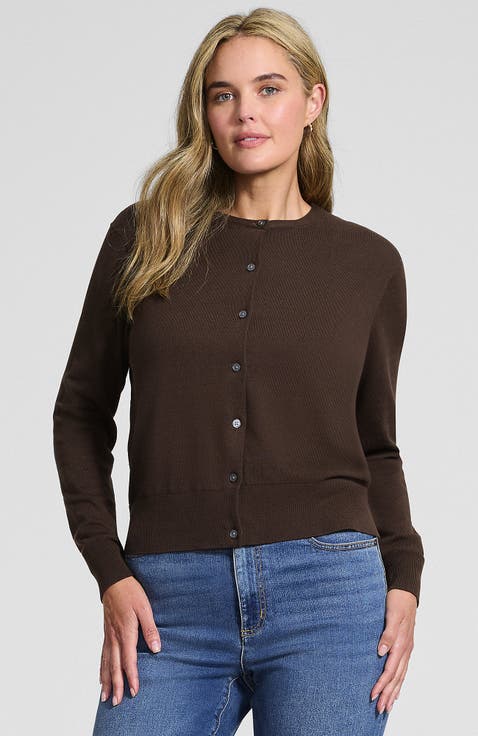Fine Gauge Cotton Crew Cardigan Sweater