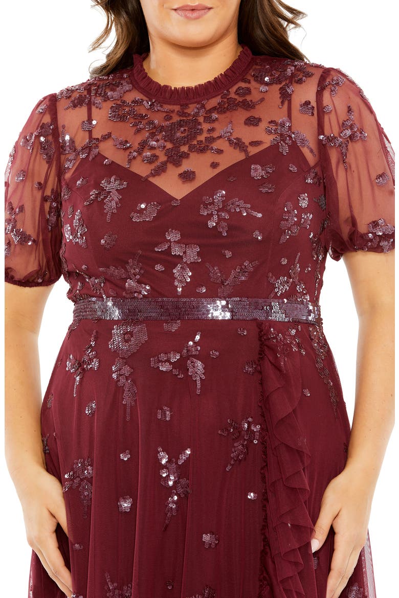 High Neck Puff Short Sleeve Embellished Faux Wrap, Alternate, color, BORDEAUX