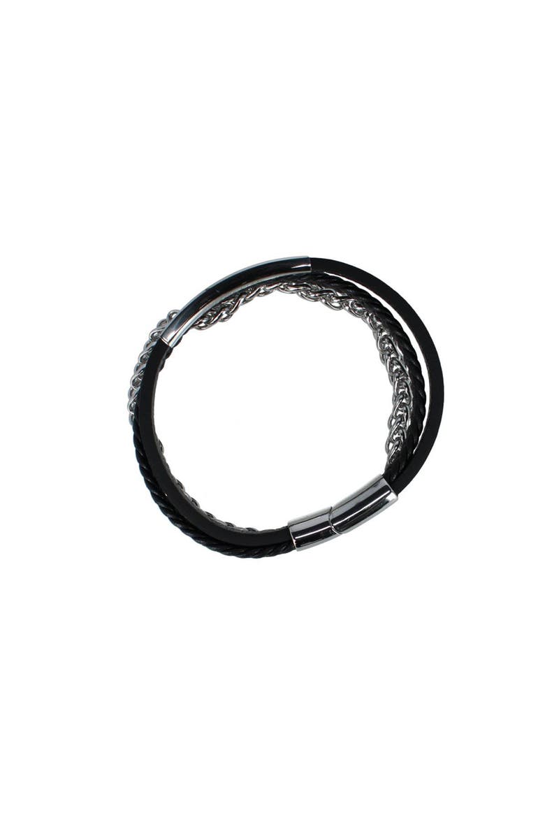 Loose Fit Zaid Metal and Leather Triple Strand Secure Clasp Bracelet, Alternate, color, Black Leather and Silver Metal