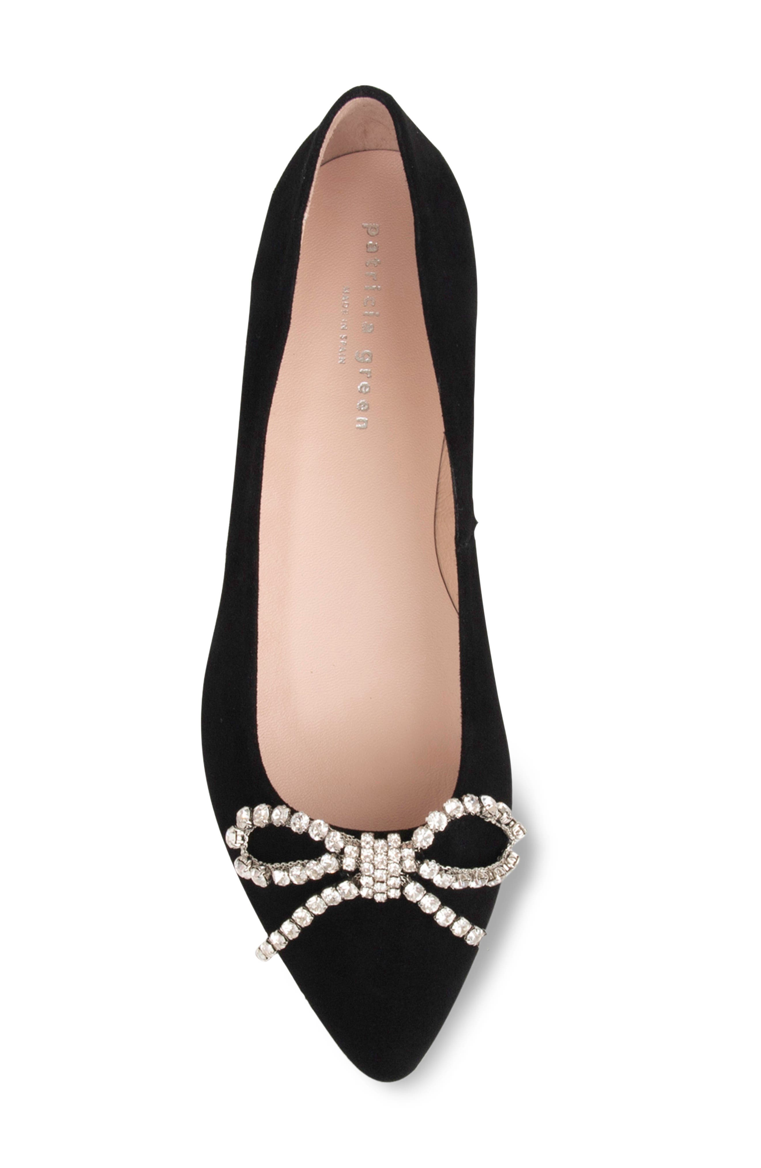 patricia green Bella Crystal Bow Pointed Toe Flat, Alternate, color, Black Suede