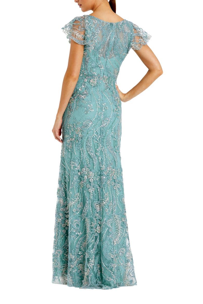 Petite V Neck Flutter Sleeve Floral Embroidered Gown, Alternate, color, Seafoam