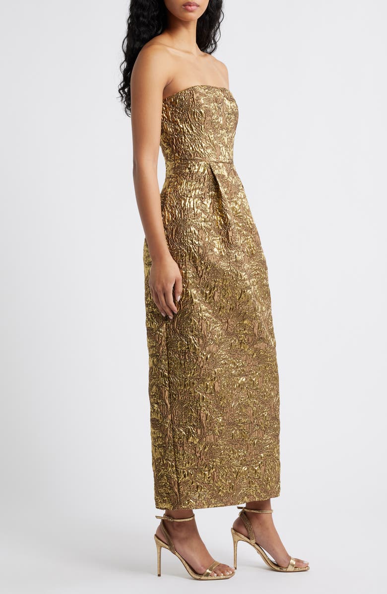 Lulus Kya Metallic Brocade Strapless Cocktail Dress, Alternate, color, Gold