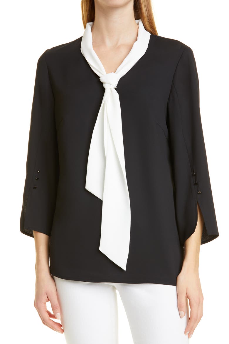 Contrast Tie V-Neck Crepe de Chine Blouse, Main, color, BLACK/ WHITE
