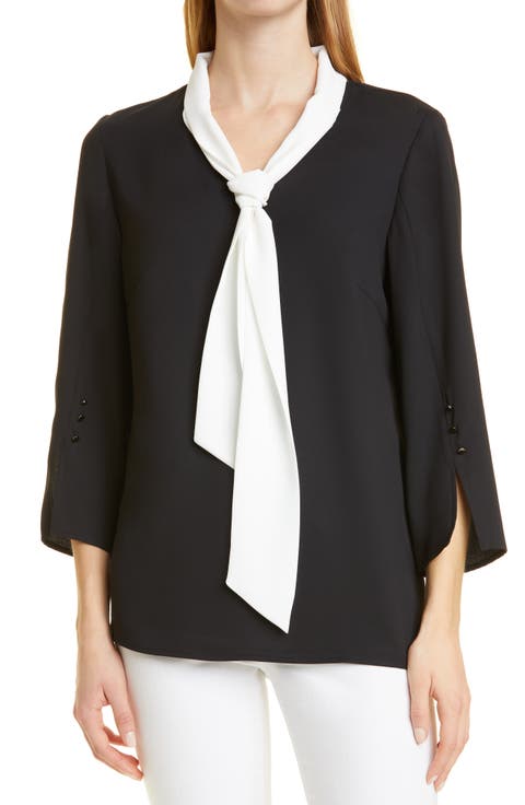 Contrast Tie V-Neck Crepe de Chine Blouse