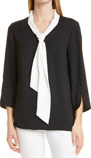 Misook Contrast Tie V-Neck Crepe de Chine Blouse