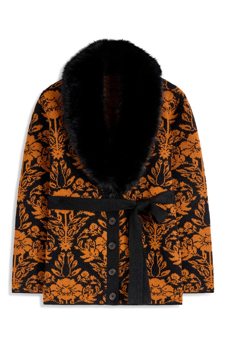 Faux Fur Collar Belted Cardigan, Alternate, color, METALLIC BLACK GOLD JACQUARD