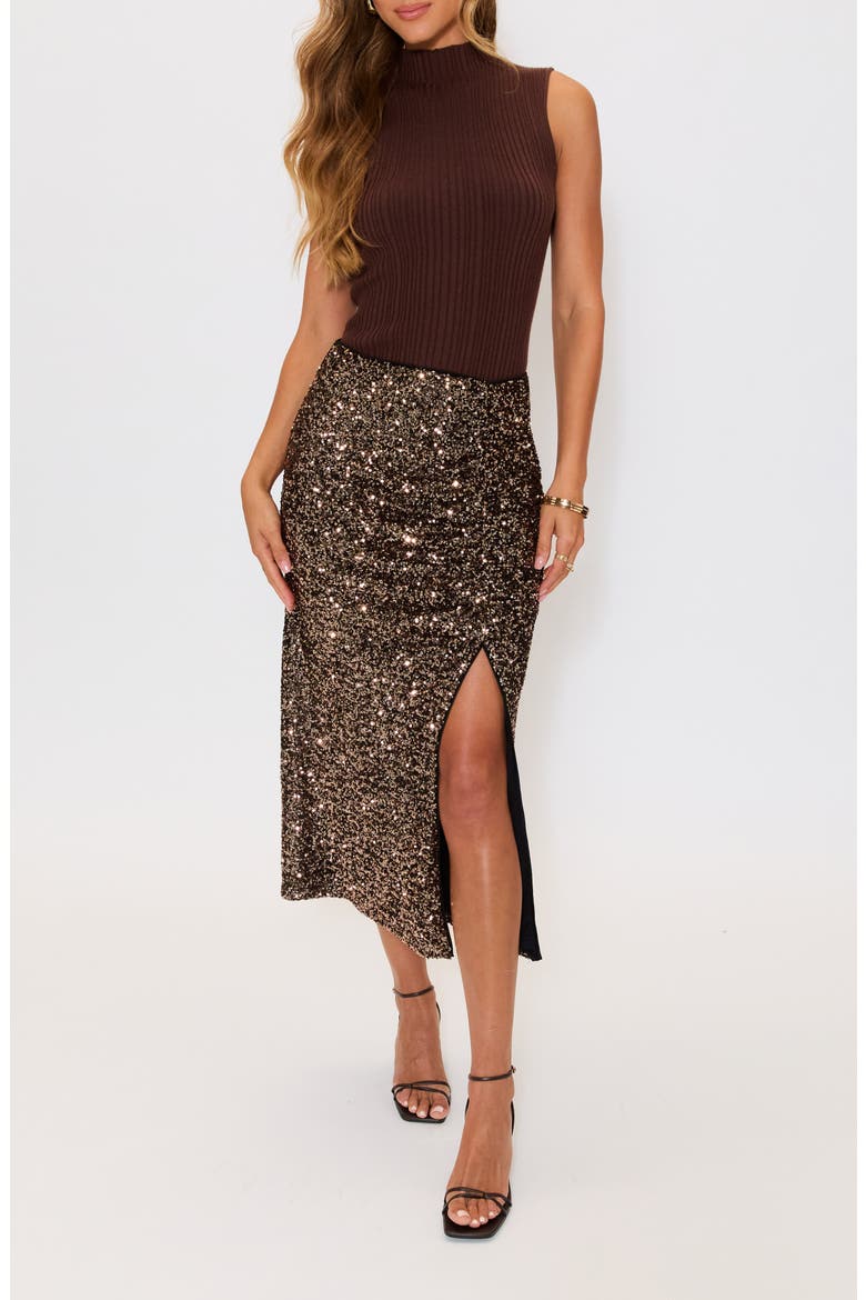 Gilded Sequin Midi Skirt, Alternate, color, DARK BROWN
