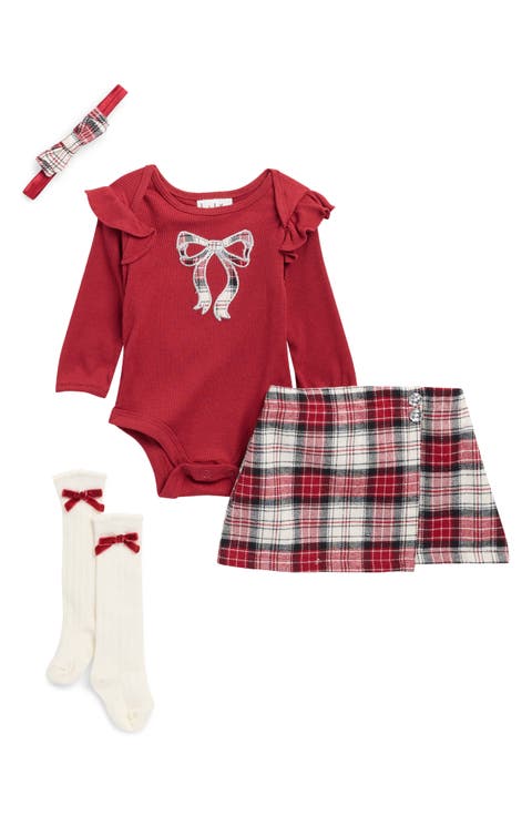 Holiday Plaid Bow Bodysuit, Skirt, Socks & Headband Set (Baby)
