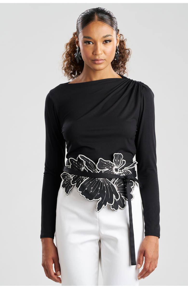 Natori Cotton Chino Embroidered Obi Belt, Main, color, Black