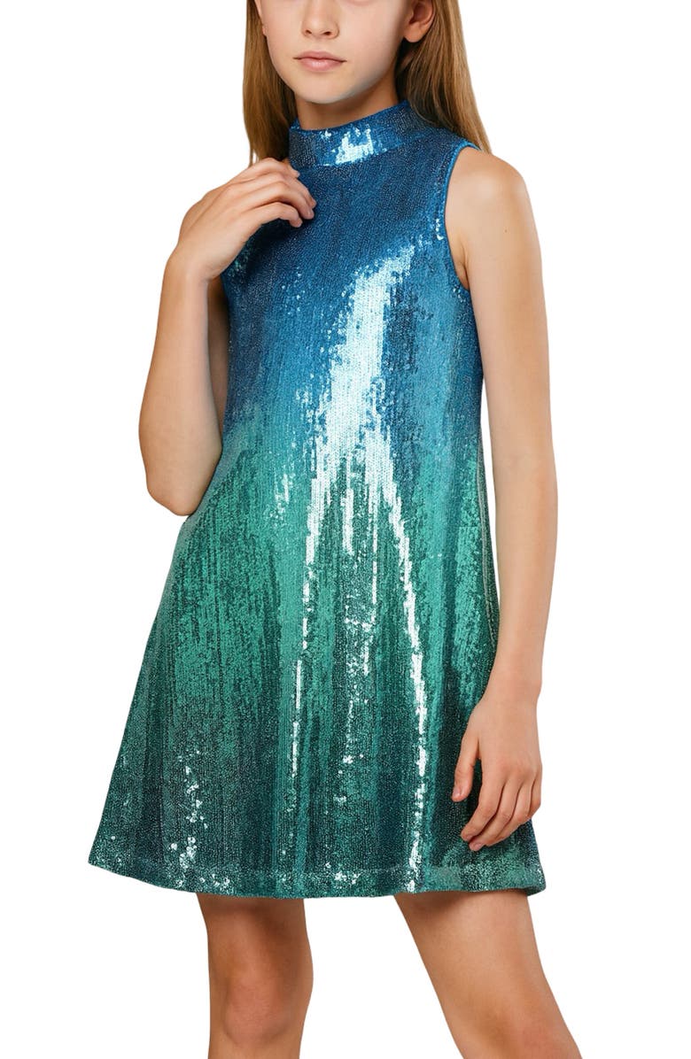 Zunie Kids' Ombré Sequin Sleeveless Trapeze Dress, Alternate, color, Teal Multi