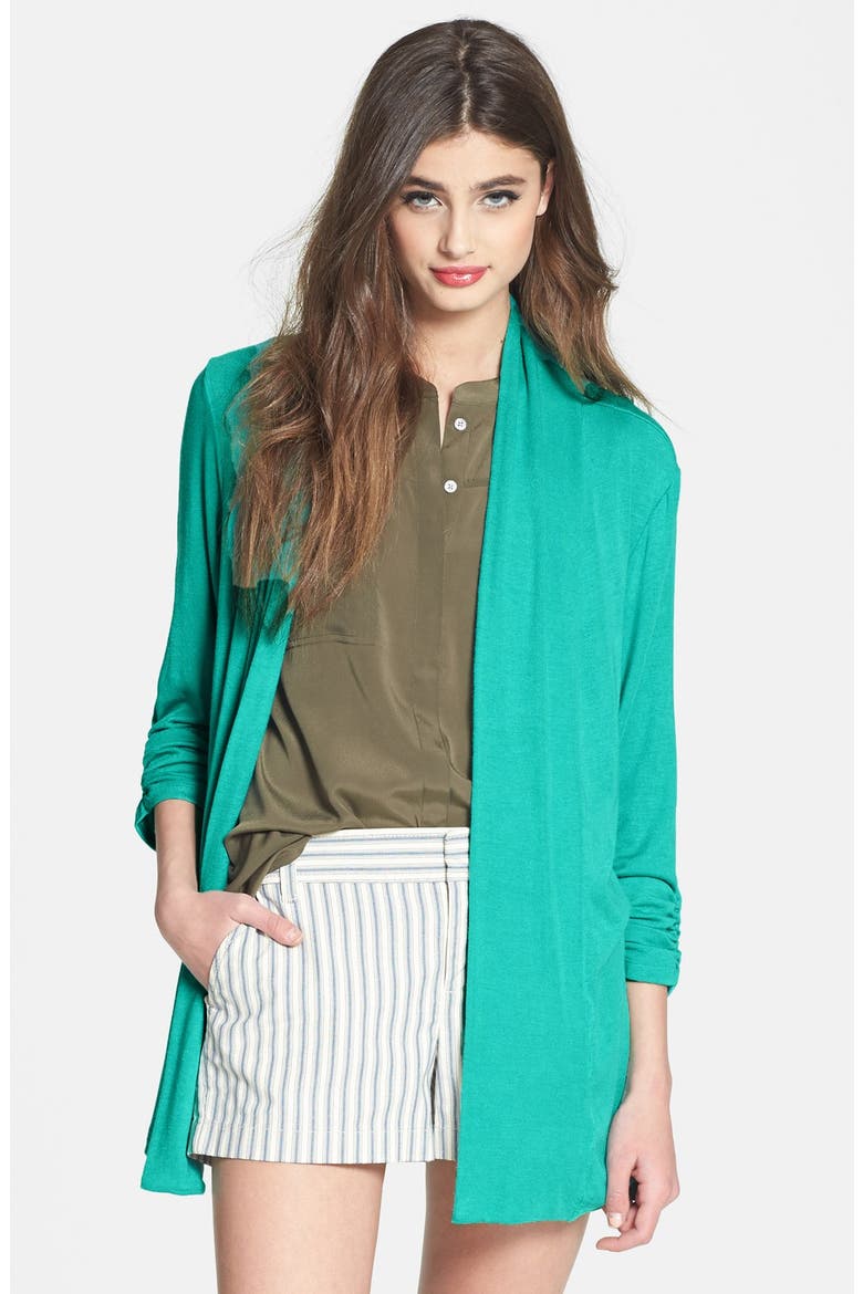 MOD.lusive Ruched Sleeve Long Cardigan (Nordstrom Exclusive), Main, color, GREEN SPRAY