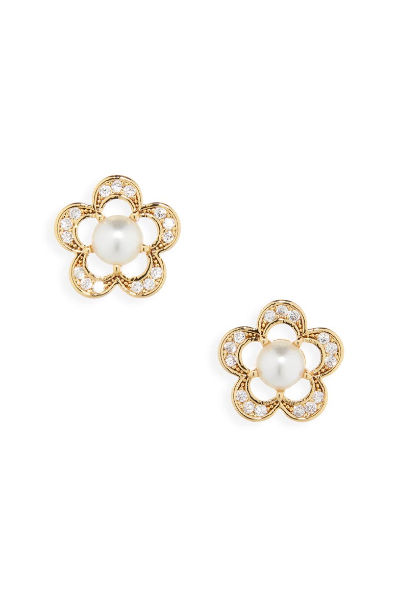 faux pearl & cz flower stud earrings, Alternate, color, CREAM/ GOLD.