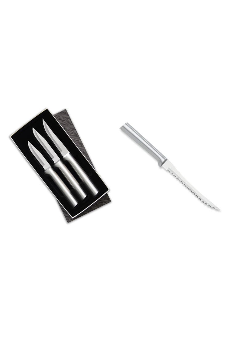 3 Piece Paring Knives Galore Set & 5-Inch Tomato Slicer Stainless Steel Serrated Blade, Main, color, Silver