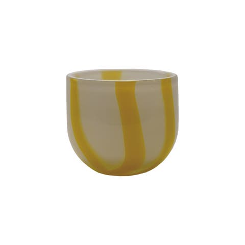 Round Soda Glass Tealight/Votive Holder with Stripes, White and Yellow
