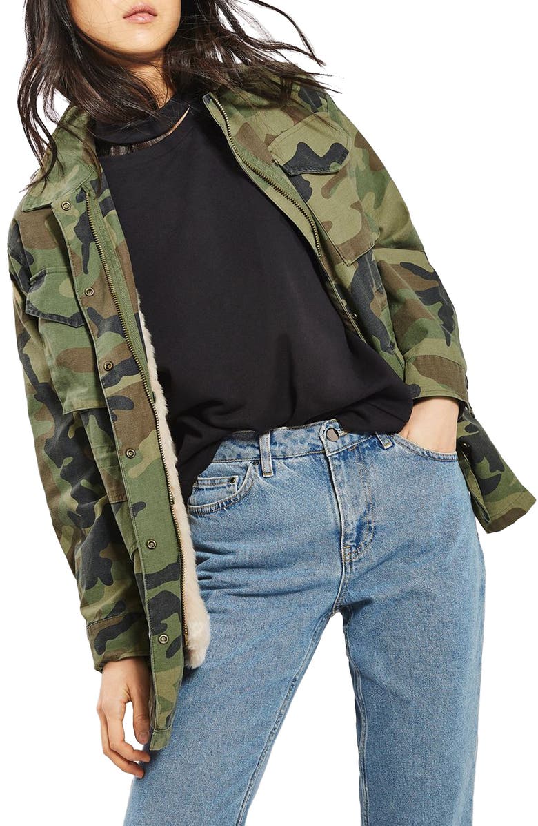 Topshop Ben Faux Fur Lined Camo Jacket, Main, color,