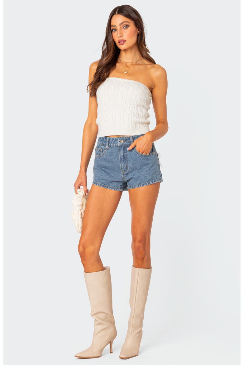 Bow Pocket High Waist Denim Shorts, Alternate, color, BLUE-WASHED