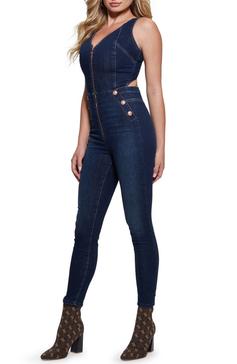 GUESS Reina Back Cutout Sleeveless Denim Jumpsuit, Alternate, color, 