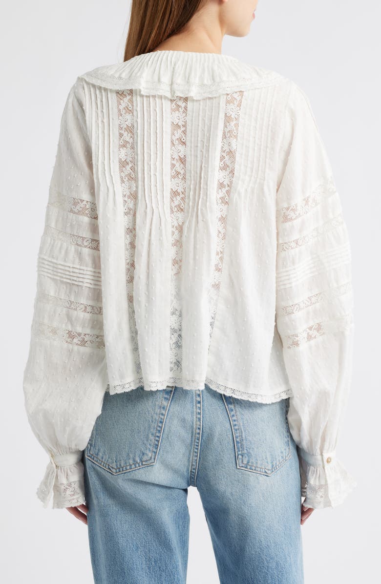 LoveShackFancy Rosabelle Lace Inset Clip Dot Button-Up Shirt, Alternate, color, Optic White