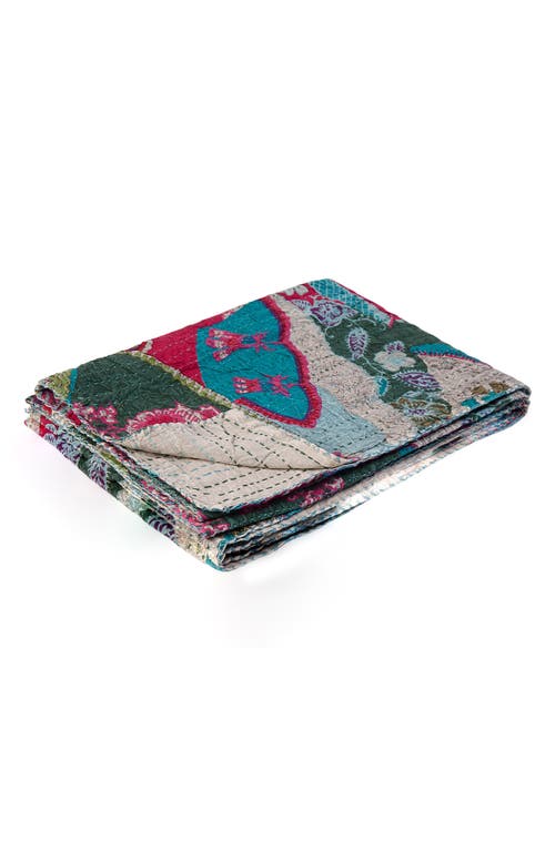 Taj Hotel Vintage Cotton Kantha Throw Blanket In Green Blue