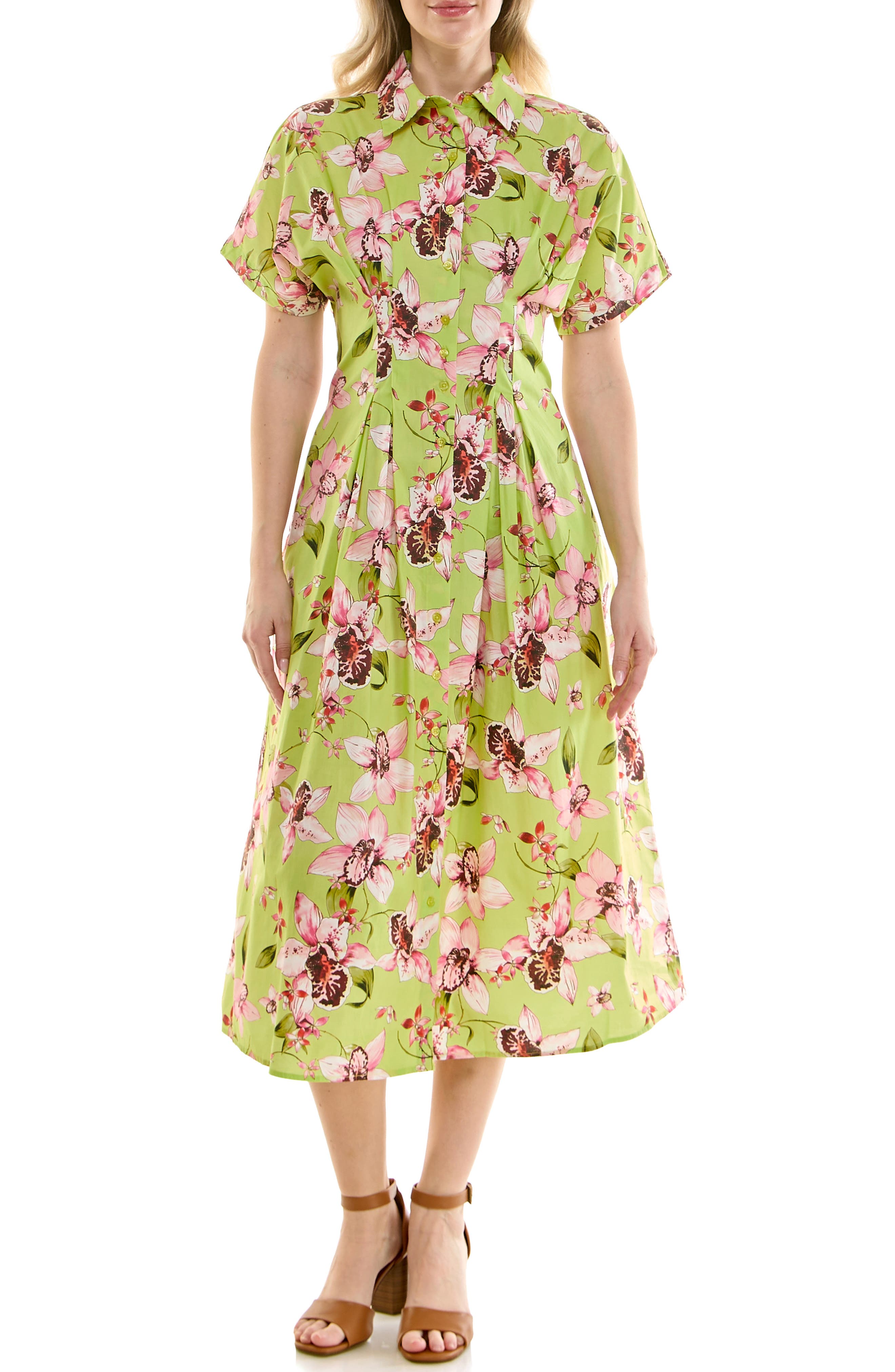 Nicole Miller Pintuck Waist Midi Shirtdress